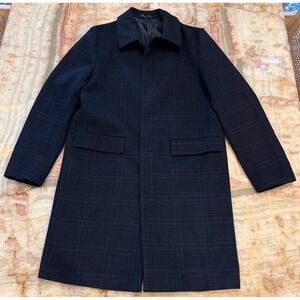 Topman Mens Wool Overcoat Black Plaid Flap Pockets Classic Fit Long Sleeve L
